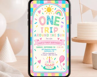 One Trip Around the Sun Phone Invitation, First Birthday, Canva Template, Digital Download - FUN02