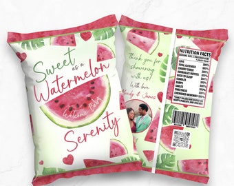May include: A white chip bag with a watermelon design and the text "Sweet as a Watermelon Welcome Baby Serenity". The bag also has a photo of a couple and the text "Thank you for showering with us! With love Mandy & James".
