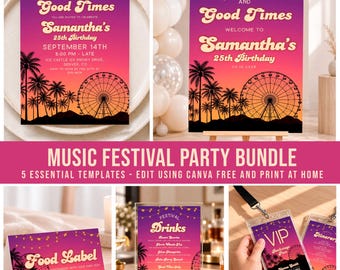 Bundel met essentiële benodigdheden voor muziekfestivals, verjaardagsfeest in woestijnsfeer, bewerkbare Canva-sjablonen - DES01