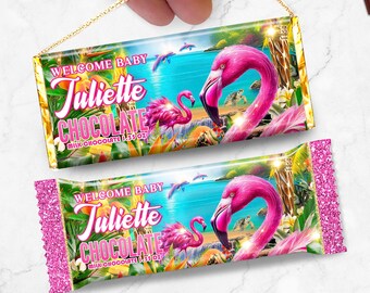 May include: A pink and blue chocolate bar with a flamingo design and the text "Welcome Baby Juliette Chocolate Milk Chocolate 1.55 oz".