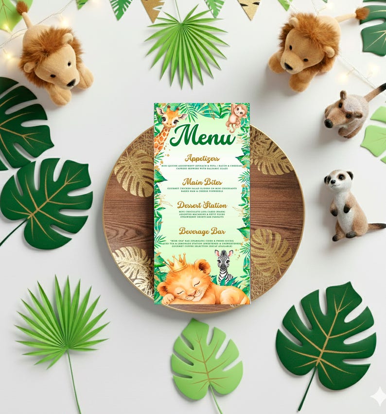 A menu featuring a giraffe and lion illustration is displayed on a wooden plate, surrounded by green leaves and stuffed animals.