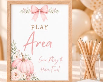 Pink Pumpkin Baby Shower Play Area Sign, 8x10 Printable, Instant Download - AUT21