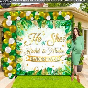 DIGITAL FILE | Gender Reveal Backdrop | He or She Banner | Unisex Gender Reveal | Gold and Green backdrop | Gender Reveal backdrop | HJ01