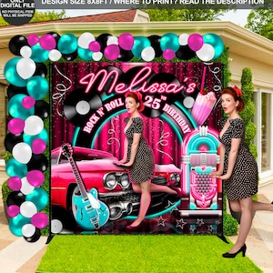DIGITAL FILE | Rock and Roll Backdrop | The 50&#39;s Banner | Rock and Roll Birthday party | The 50&#39;s | Pin up party | Rock Design | RR01