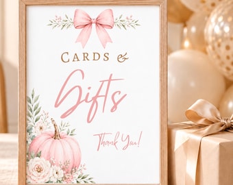 Pink Pumpkin Baby Shower Cards and Gifts Sign, 8x10 Printable, Instant Download - AUT21