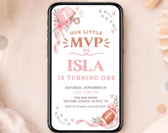 Our Little MVP Phone Invitation, Pink Football First Birthday, Canva Template Download - AMF02
