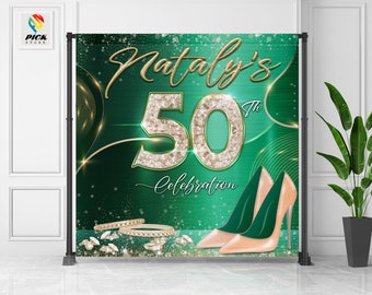 Emerald and Gold Backdrop | Stiletto heels Banner | Diamonds Custom backdrop | 50th Happy Birthday | 50th backdrop |  DIGITAL FILE | BW12