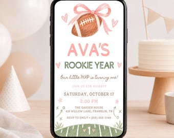 Rookie Year Phone Invitation, Pink Football First Birthday, Canva Template Download - AMF03