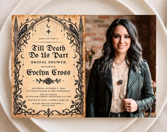 Raven Gothic Bridal Shower Photo Invitation, Victorian Parchment, Canva Template, Digital Download - HLW15