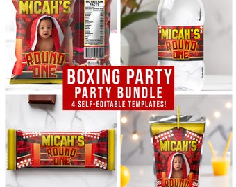 Boxing Party Favor Bundle: Editable Chip Bag, Labels, Wrapper (DIY)