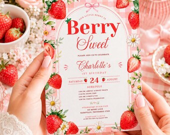 Strawberry Birthday Invitation: Berry Sweet First Birthday Girl, Editable Template (Digital Download) - FRU06