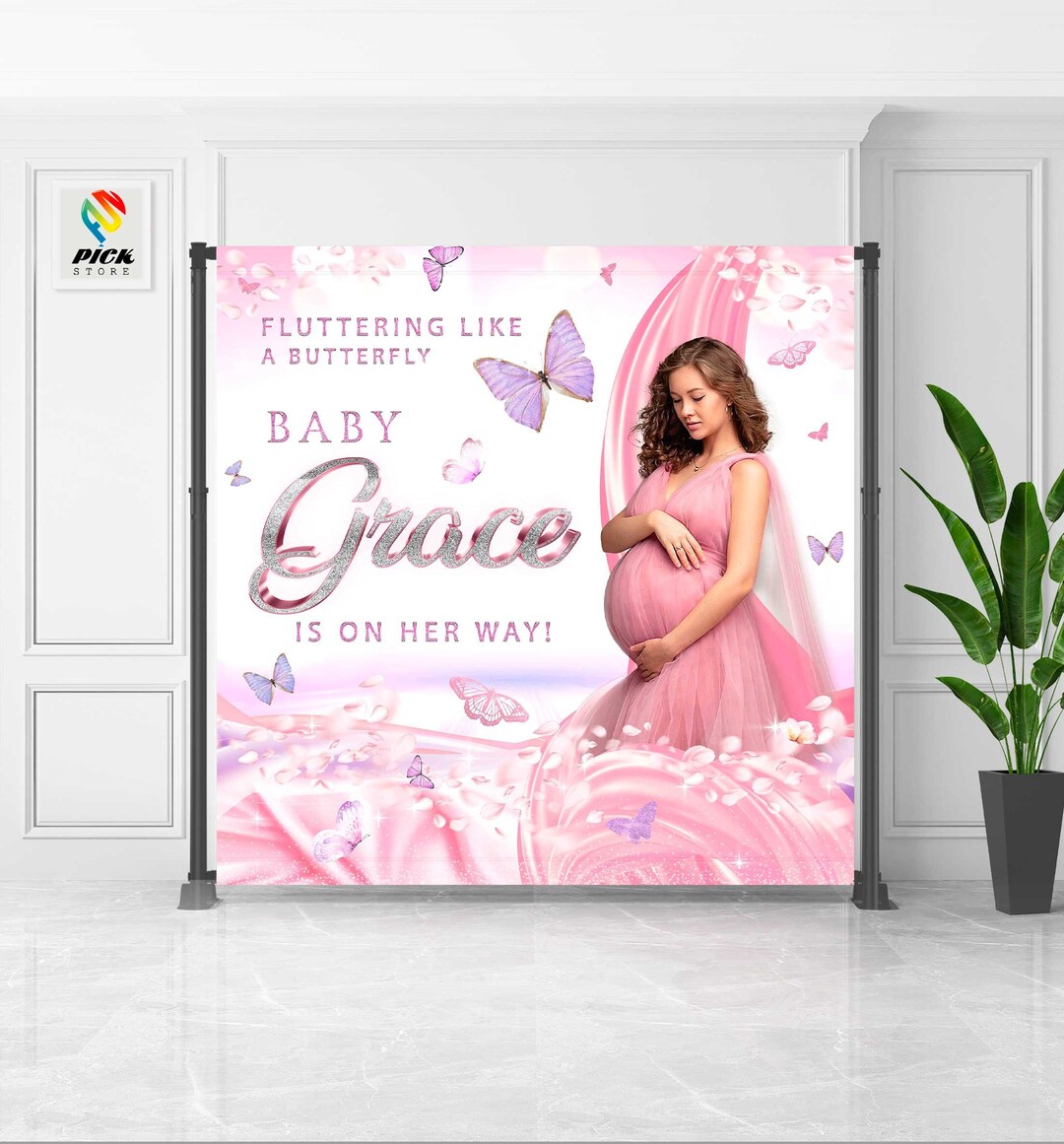 Pink Butterfly And Floral Round Baby Shower Backdrop