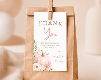 Pink Pumpkin Baby Shower Favor Tag, Floral Bow Canva Template, Digital Download - AUT21