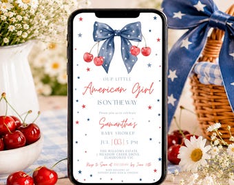American Girl Phone Invitation: Patriotic Cherry Baby Shower Evite, Editable Digital Download - IND01