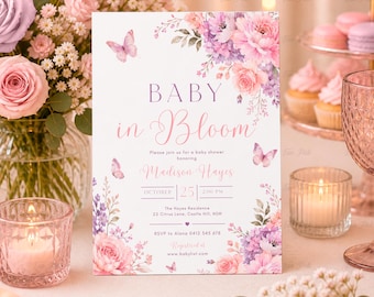 Blush Floral Baby Shower Invitation: Butterfly girl invite, editable template (Digital Download) PRI171