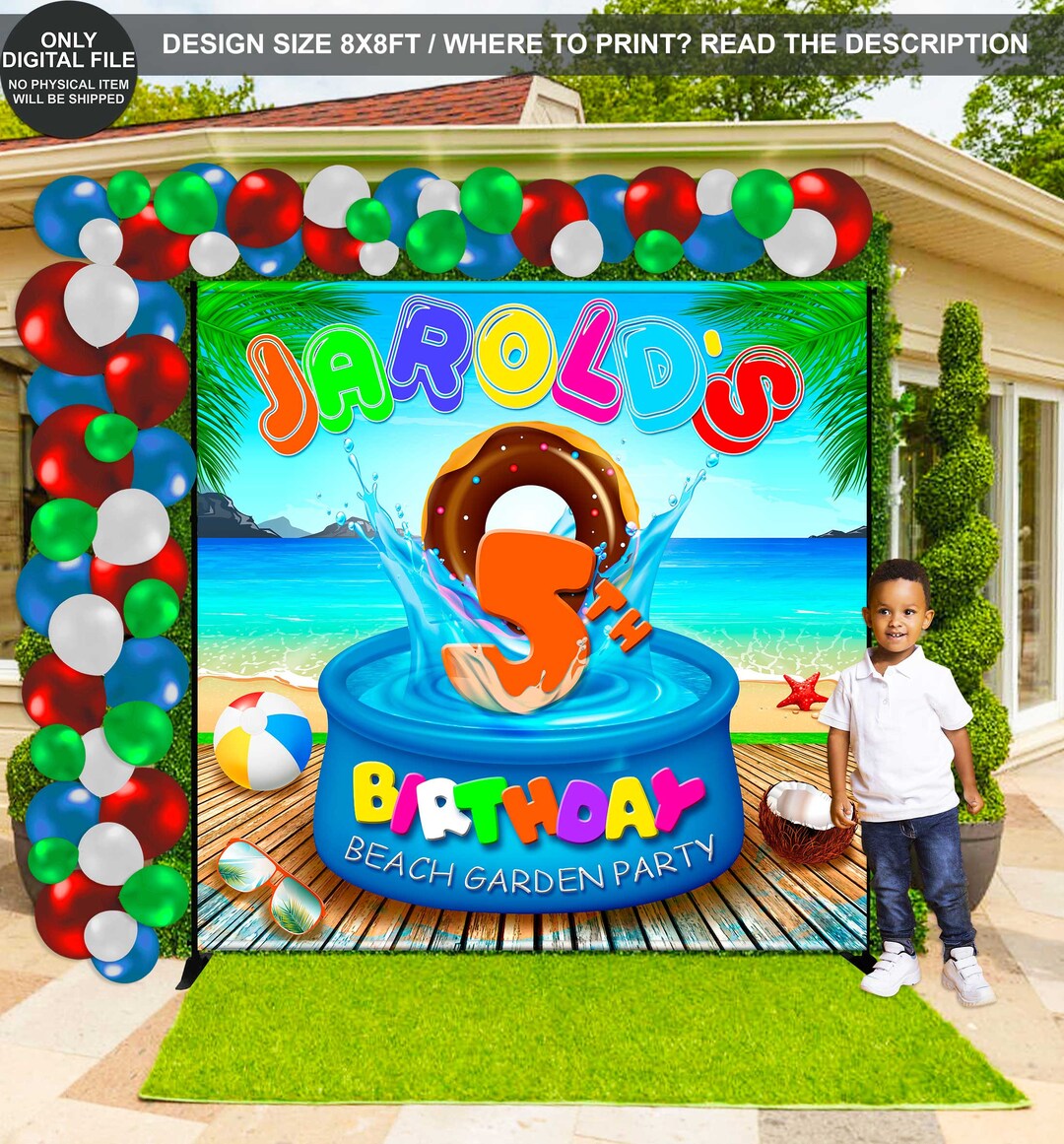 Personalized Cool Summer Pool Waves Birthday Backdrop main image 0