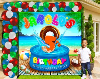 May include: A colorful beach-themed birthday party backdrop with the name "Jarold's" and the number "5" in a pool of water. The backdrop is 8 feet by 8 feet and features a donut, a beach scene, and the text "Beach Garden Party".