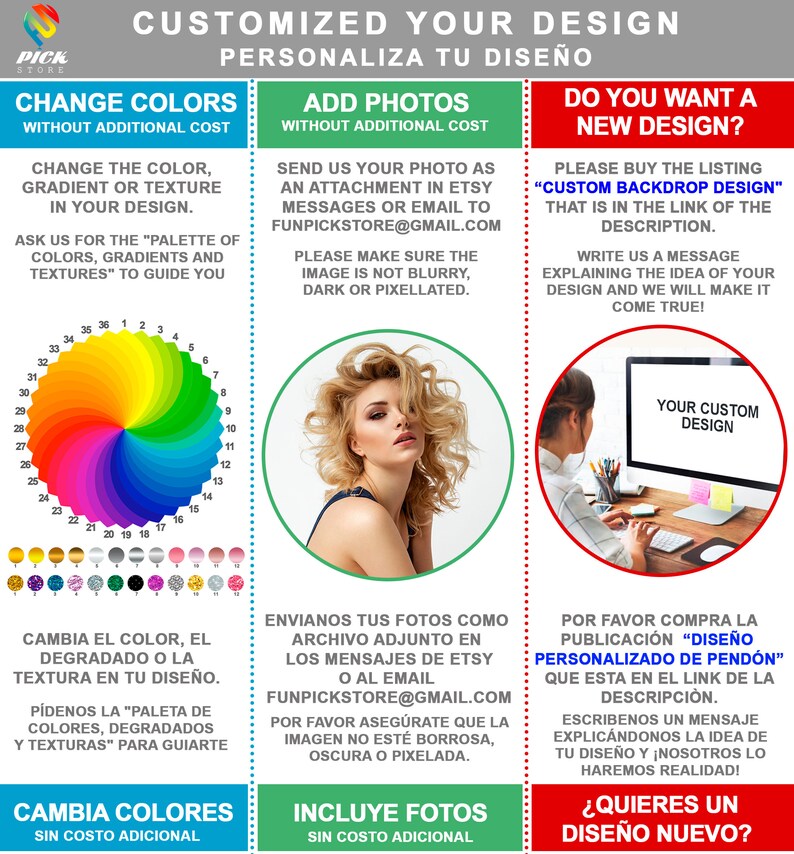 Pu&ograve; includere: Una grafica colorata che mostra come personalizzare un design. La grafica include una ruota dei colori con 36 colori, una foto di una donna e una foto di una persona che lavora al computer. Il testo sulla grafica dice "Personalizza il tuo design", "Cambia colori", "Aggiungi foto" e "Vuoi un nuovo design?"