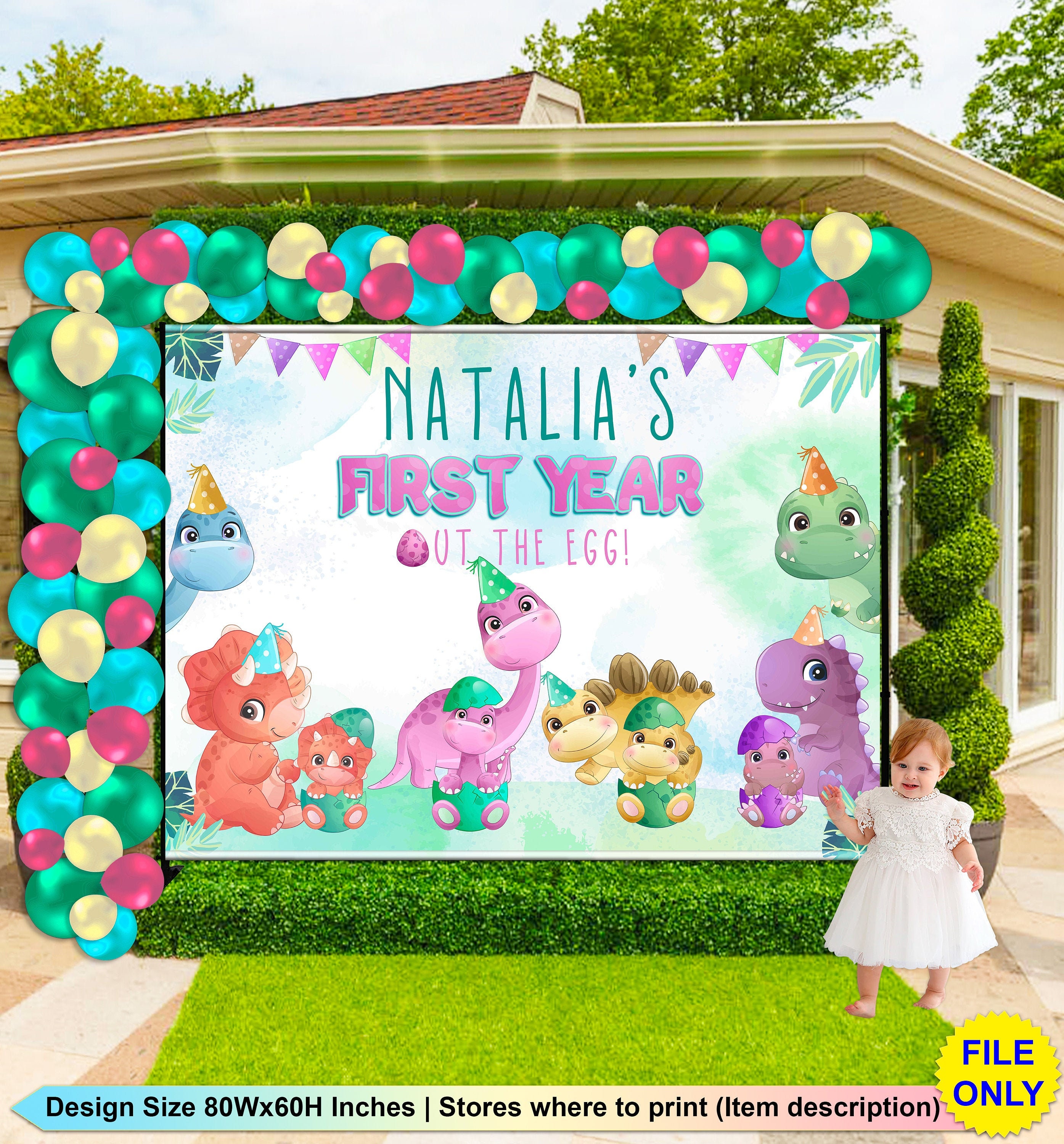 Dinosaur Birthday Backdrop: Girl Dinosaur Party Decor (Digital File)