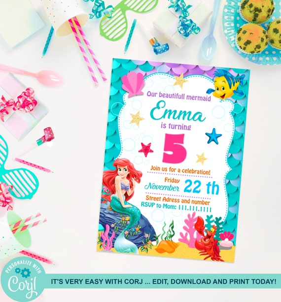 DIGITAL Invitación de cumpleaños de La sirenita Fiesta de invitaciones de sirenita DIGITAL Invitación de cumpleaños de La sirenita Fiesta de