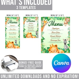three different menu designs, each with a unique layout and animal theme. The text includes the phrase "WHAT'S INCLUDED" and provides a guide for printing and assembly of the menu designs.
