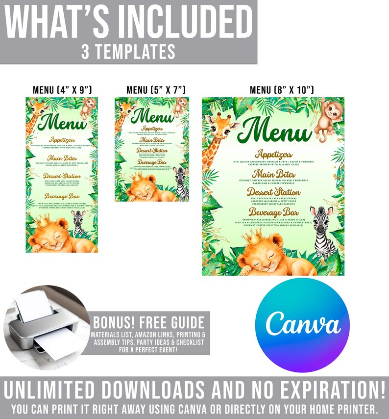 three different menu designs, each with a unique layout and animal theme. The text includes the phrase "WHAT'S INCLUDED" and provides a guide for printing and assembly of the menu designs.