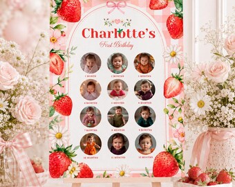 Strawberry Monthly Photo Sign: Berry Sweet Time Capsule, Editable Template (Digital Download) - FRU06