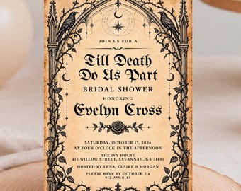 Raven Gothic Bridal Shower Invitation, Til Death Do Us Part, Canva Template, Digital Download - HLW15