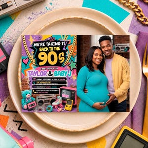 May include: A rectangular baby shower invitation card featuring a 90s theme with a photo of a couple. The text reads: We're taking it back to the 90s, a baby shower for Taylor & Baby J, Sunday, September 14, 2026 at 2:00 PM, The Monroe Loft.