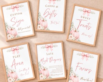 Pink Pumpkin Baby Shower Signs Bundle, 8x10 Party Decorations (Digital Download) - AUT21
