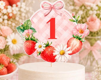 Strawberry Cake Topper: Berry Sweet First Birthday Girl, Editable Template (Digital Download) - FRU06