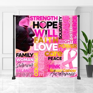 May include: Pink and gold backdrop with a black silhouette of a face and words like "Strength", "Hope", "Love", and "Awareness". A pink ribbon is featured, symbolizing breast cancer awareness.