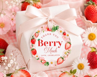 Strawberry Favor Tag: Berry Sweet Birthday thank you label, Editable Template (Digital Download) - FRU06