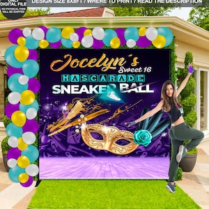FICHIER NUMÉRIQUE | Toile de fond boule pour baskets Macarade | Bannière de basket-ball macarade | Sneaker Ball Fête d&#39;anniversaire | Décoration boule pour baskets | SNB32