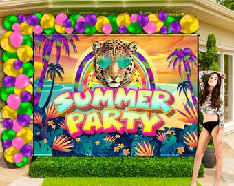 Tropical Summer Party Backdrop: Leopard, Palms (Digital File)