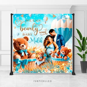 Blue Baby Bear Banner | Pastel Balloon Arch Sign | Plush Bear Basket Backdrop | Ribbon Bow Decor | Custom Baby Banner | DIGITAL FILE | TDB03