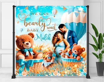 Blue Baby Bear Banner | Pastel Balloon Arch Sign | Plush Bear Basket Backdrop | Ribbon Bow Decor | Custom Baby Banner | DIGITAL FILE | TDB03