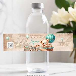 Travel Water bottle label for DIY, Adventure map Sticker for bottle, Teddy bear Theme, Explorer Party Favors - TRV01