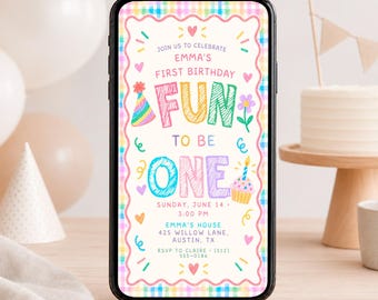 Fun to Be One Phone Invitation, Colorful First Birthday, Canva Template, Digital Download - FUN01