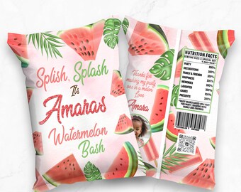 May include: Pink and green chip bag with a watermelon theme. The bag has a picture of a watermelon and the text "Splish, Splash It's Amaras Watermelon Bash".