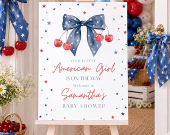 American Girl Baby Shower Welcome Sign: Patriotic Cherry Party Decor, Digital Download - IND01