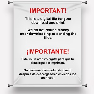 Pu&ograve; includere: Striscione bianco con testo rosso che dice "IMPORTANTE!" Questo &egrave; un file digitale per il tuo download e stampa. Non rimborseremo il denaro dopo il download o l'invio dei file. &iexcl;IMPORTANTE! Este es un archivo digital para que tu descargues e imprimas. No hacemos reembolso de dinero despu&eacute;s de descargados o enviados los archivos.
