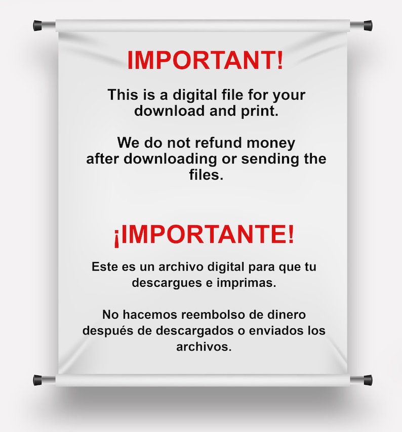 Pu&ograve; includere: Striscione bianco con testo rosso che dice "IMPORTANTE!" Questo &egrave; un file digitale per il tuo download e stampa. Non rimborseremo il denaro dopo il download o l'invio dei file. &iexcl;IMPORTANTE! Este es un archivo digital para que tu descargues e imprimas. No hacemos reembolso de dinero despu&eacute;s de descargados o enviados los archivos.