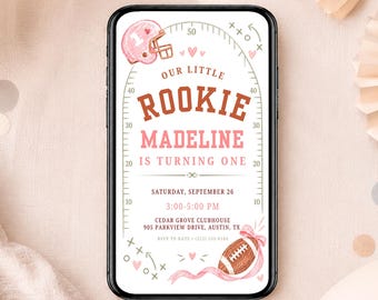 Little Rookie Phone Invitation, Pink Football First Birthday, Canva Template Download - AMF04