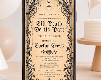 Raven Gothic Bridal Shower Phone Invitation, Til Death Do Us Part, Canva Template - HLW15