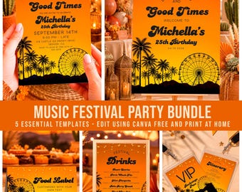 Music Festival Party Bundle: Desert Vibes Birthday Kit For Adults, Canva Template (Digital Download) COA06