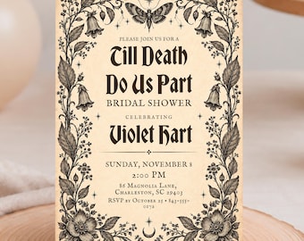 Death Moth Gothic Bridal Shower Invitation, Vintage Botanical Canva Template, Digital Download - HLW16