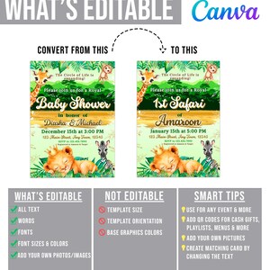 The image is a baby shower invitation featuring a jungle theme with animals such as lions, zebras, and giraffes. The invitation is designed to be edited and customized for various occasions, including a royal baby shower and a 1st safari themed party. The invitation includes text, graphics, and a list of smart tips for creating a personalized event.