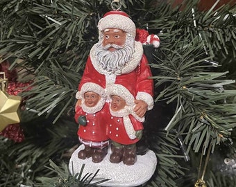 Black Santa Magic Christmas Holiday Ornament ~ Black Santa with Boy and Girl ~ Can be Used as a Figurine or Hanging Ornament