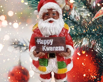 First Fruits Kwanzaa Black Santa Holiday Ornament ~ Choose from two (2) phrases